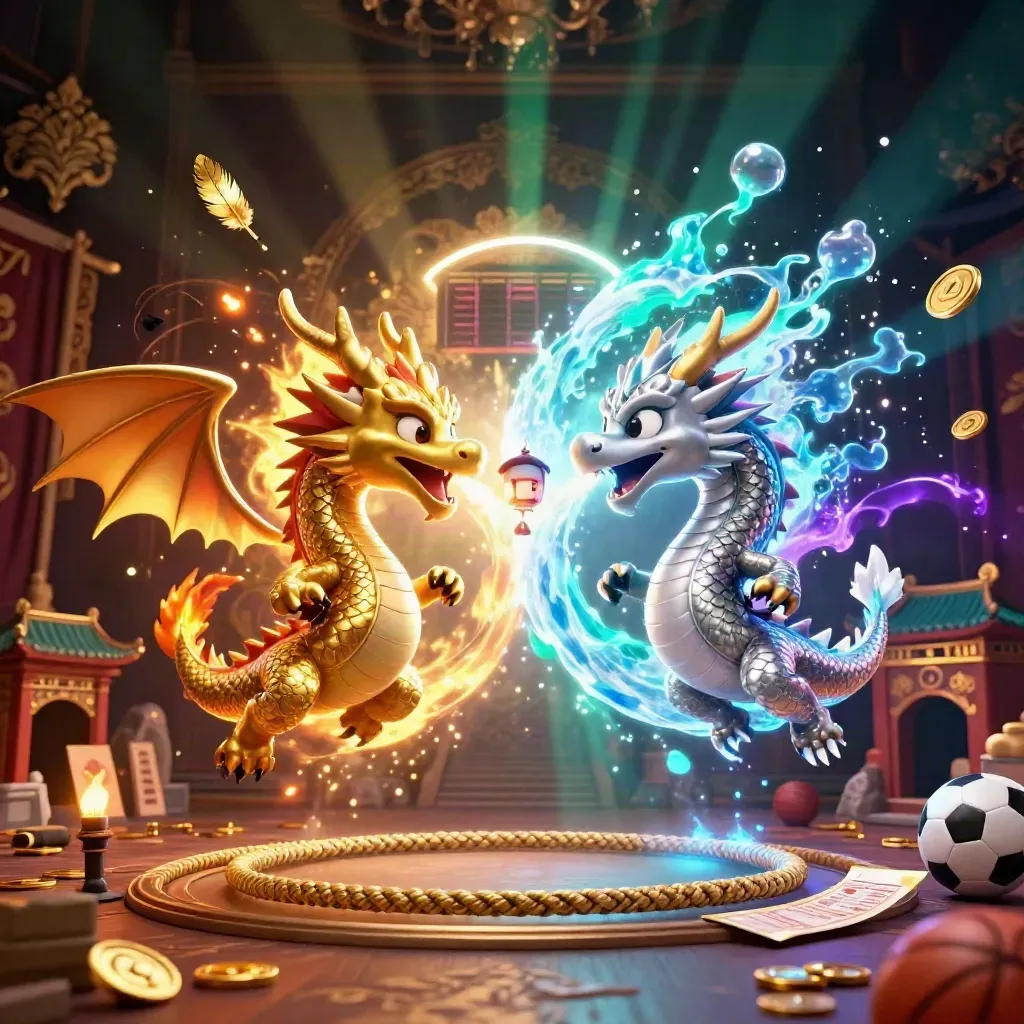 Gold and silver dragons swirl in fire-and-ice yin-yang amid casino props and glowing lights.