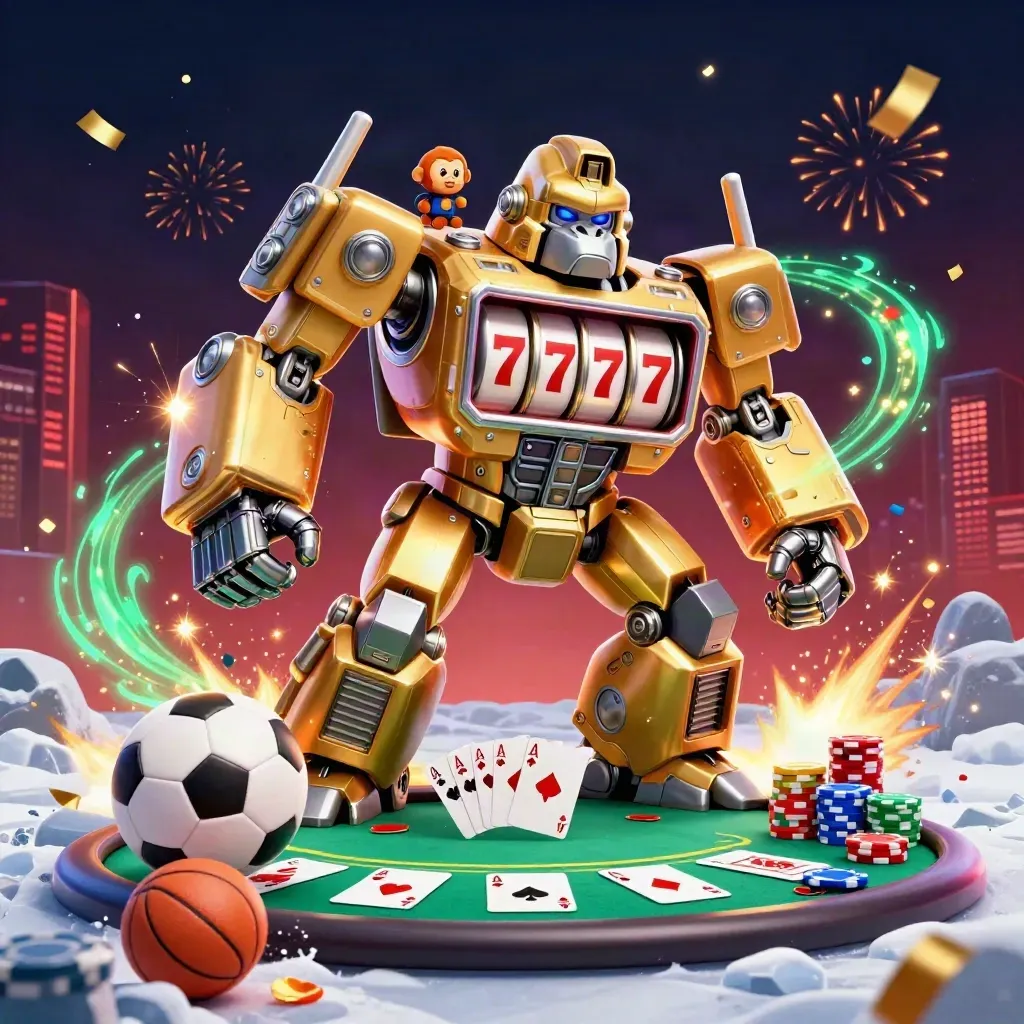 Golden gorilla slot mech with monkey pilot, cards, chips, and sports balls in a neon casino burst.