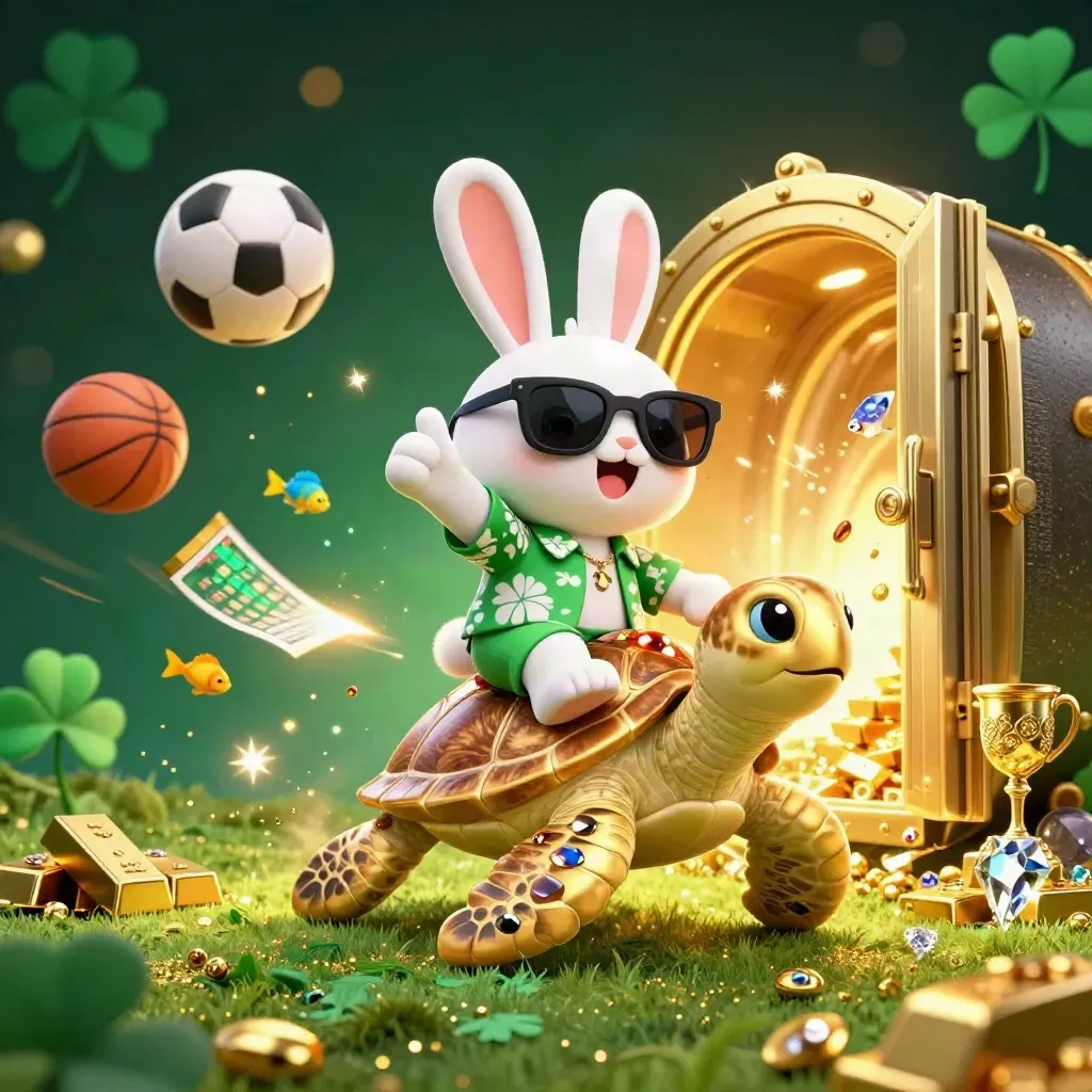 Lucky rabbit rides a golden turtle amid vault light, gold, sports balls, and casino sparkle.