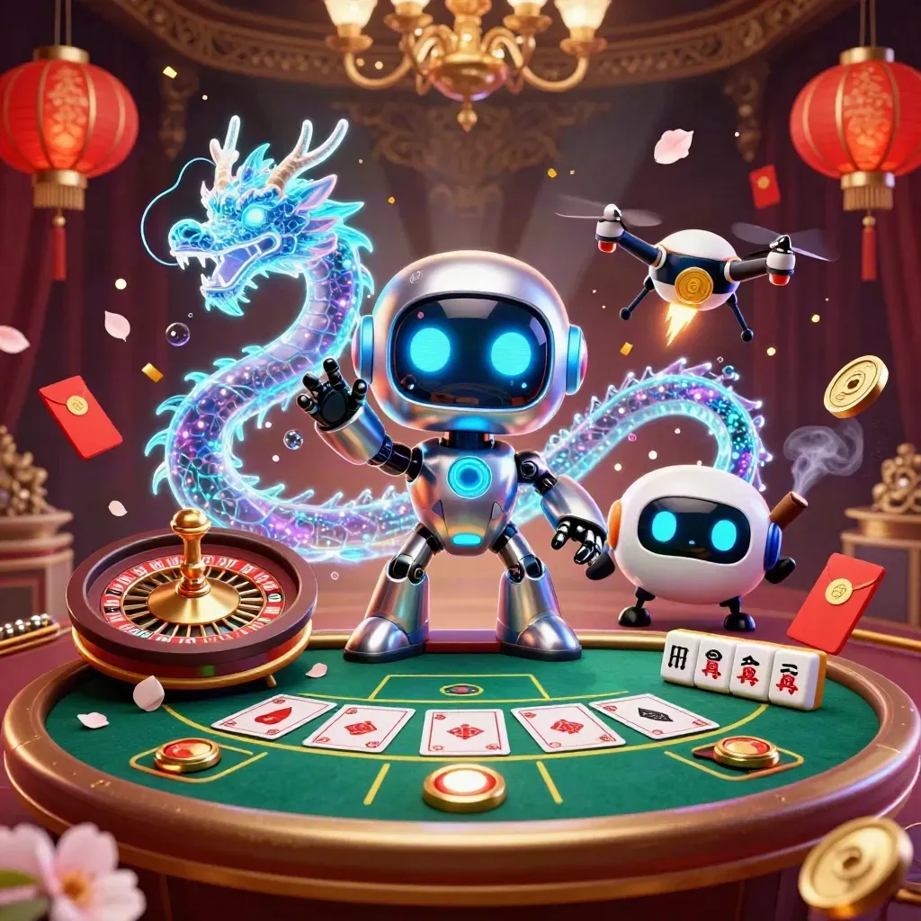 Cyberpunk robot, holographic dragon and drone in a luxe casino room with gold light, smoke and roulette.