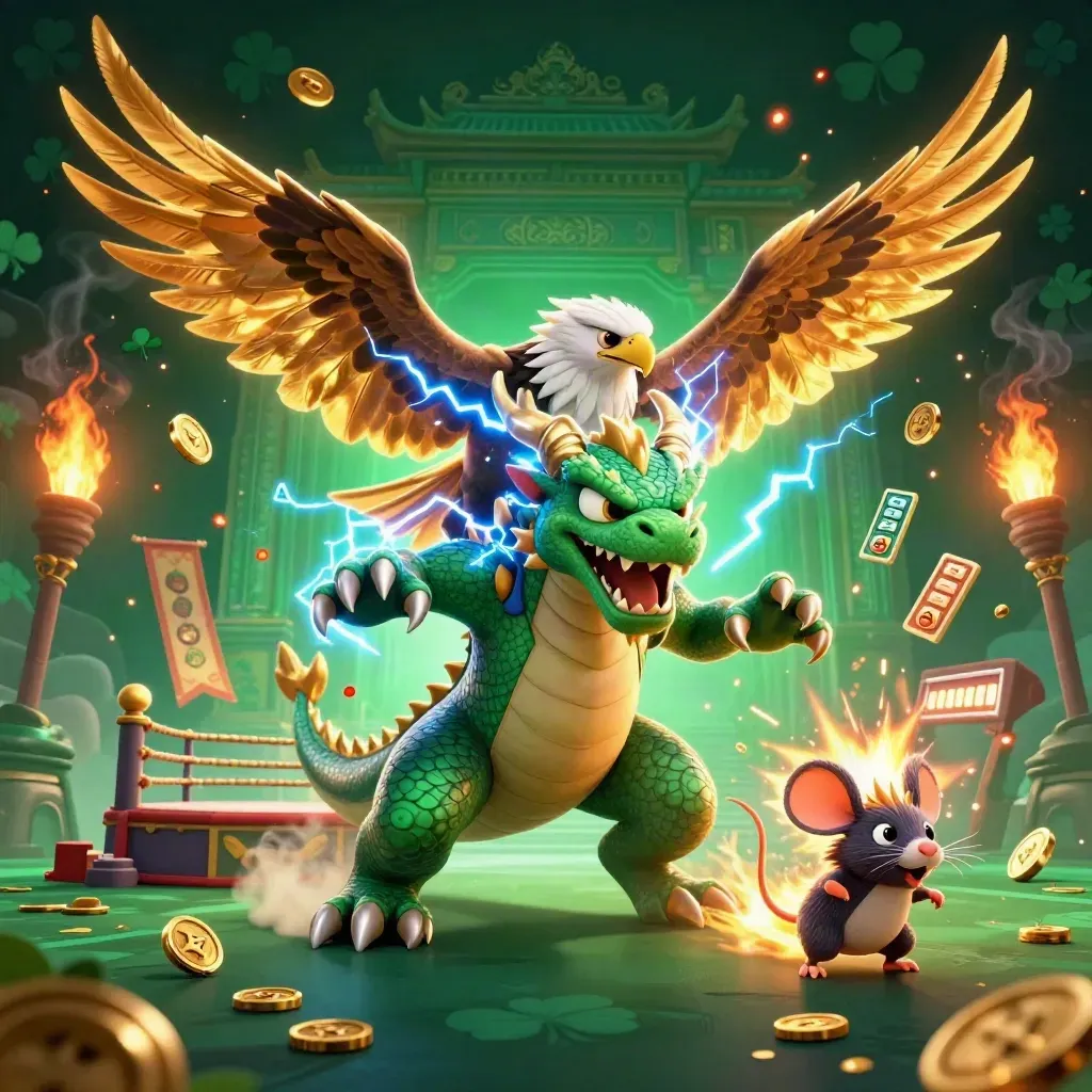 Dragon, hawk, and mouse burst through casino treasure in a dark emerald fantasy scene.