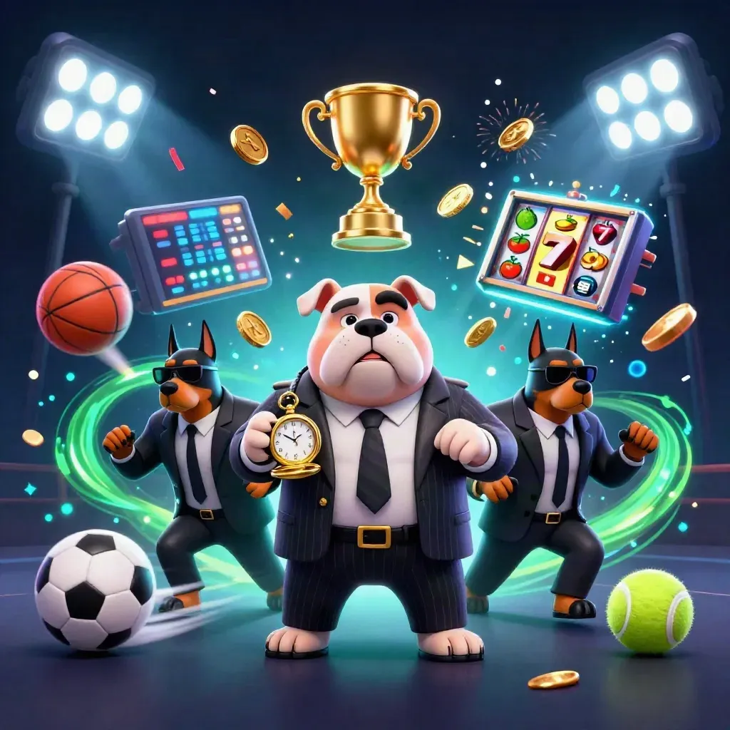 Bulldog boss and Dobermans amid casino sports chaos, coins, trophy, and neon energy.