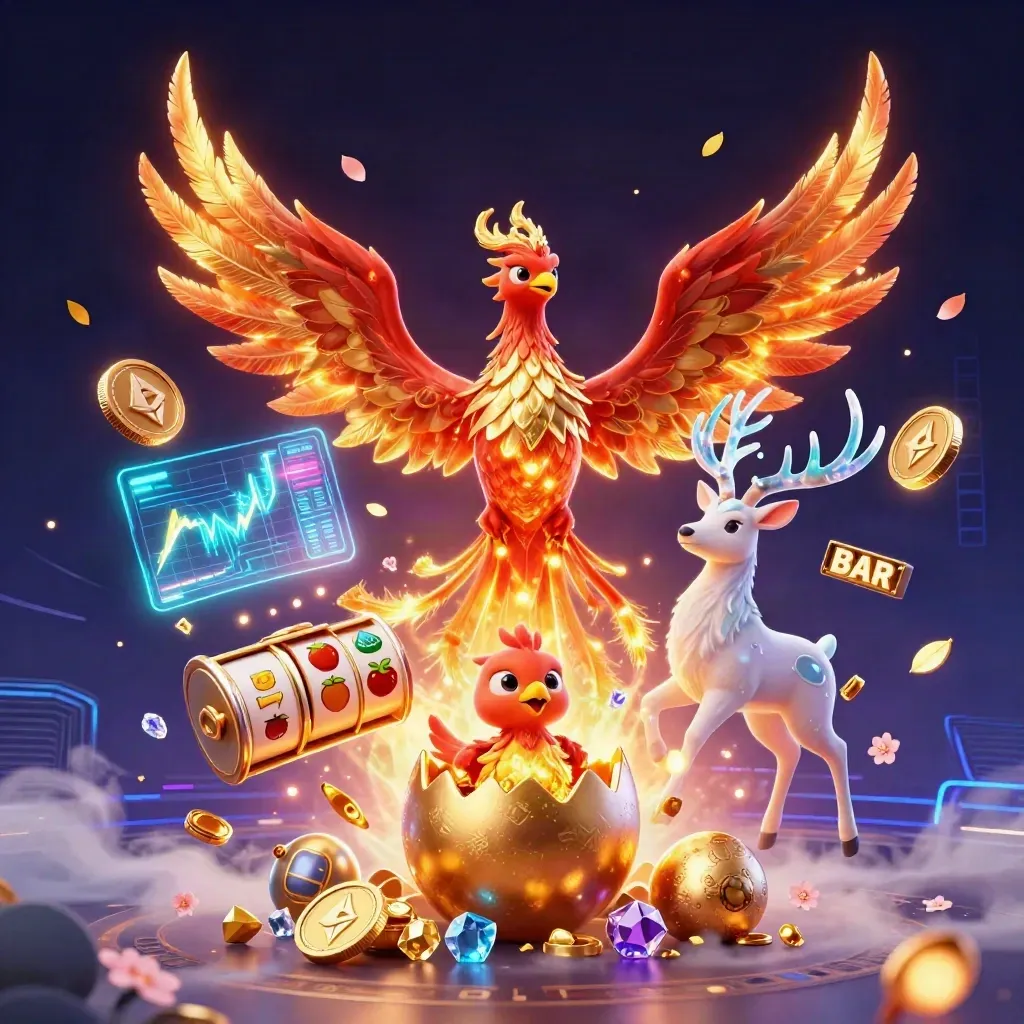 Fire phoenix, baby phoenix, and crystal stag amid neon crypto coins, treasure bursts, and casino symbols.