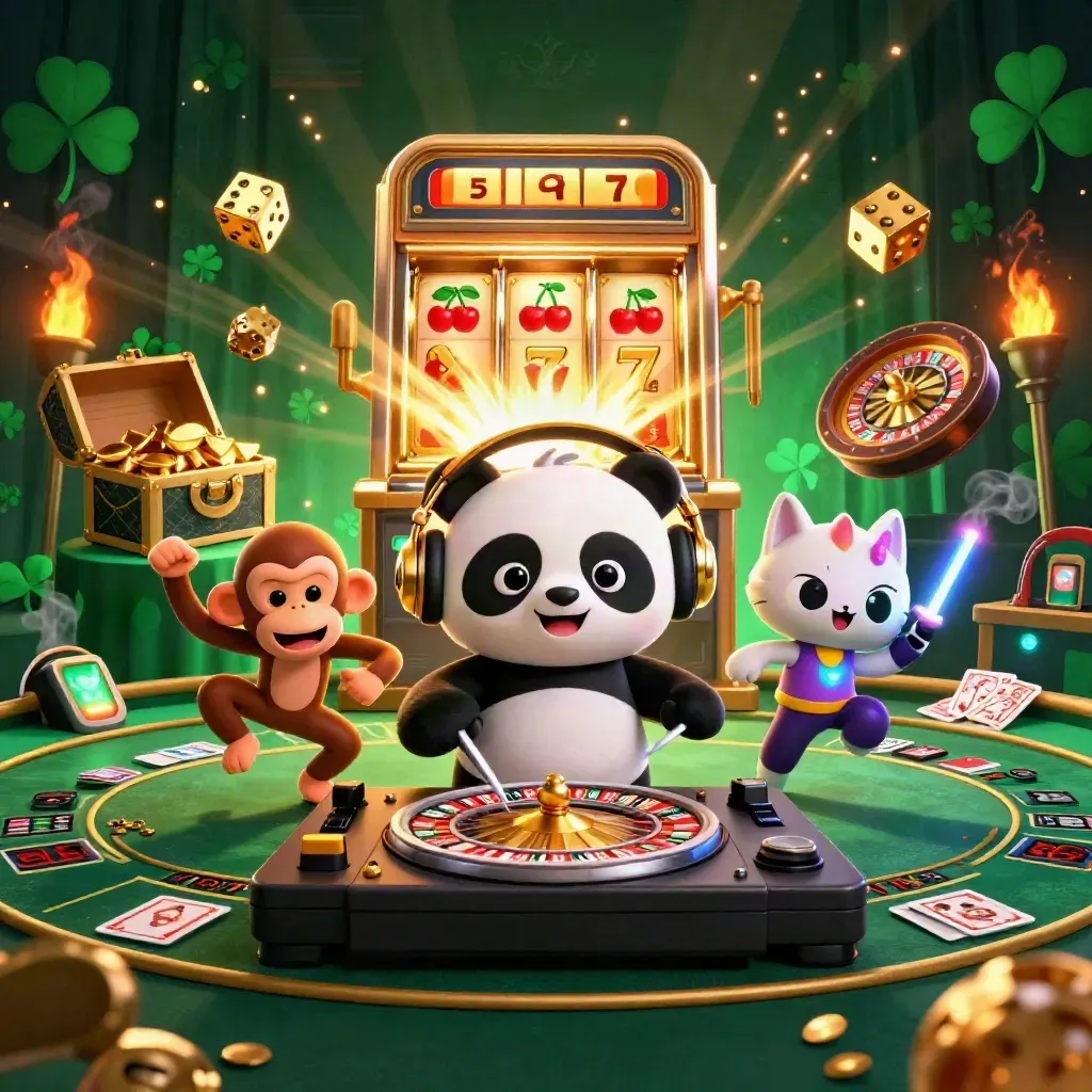 DJ panda, dancing monkey and rave kitten amid jackpot burst, coins, chest, and glowing casino lights.