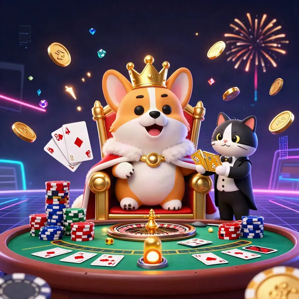 Royal corgi and cat butler amid coins, gems, roulette, cards, chips, and fireworks in neon casino glow