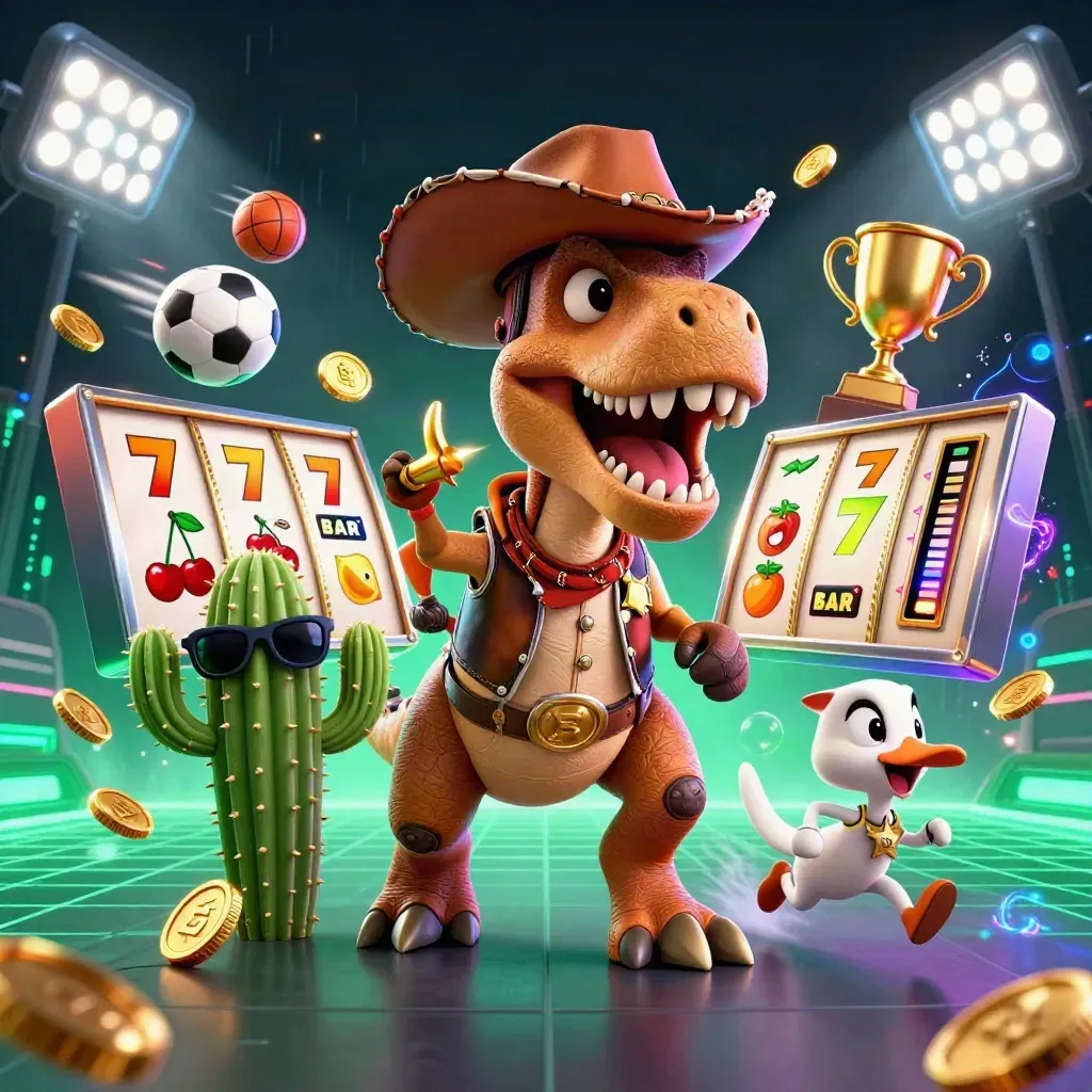 Cowboy T-Rex, cactus and roadrunner burst through casino lights with coins, balls and a trophy.