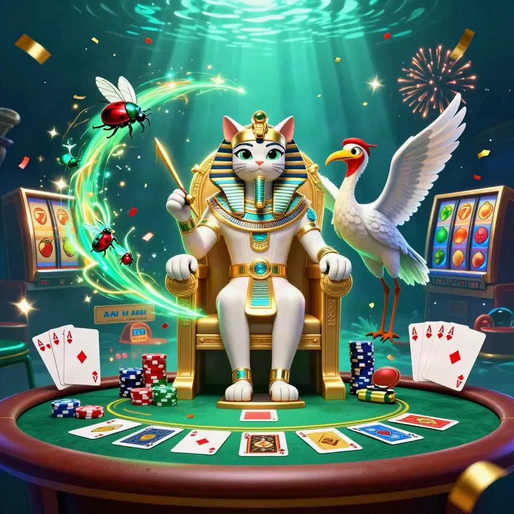 Pharaoh cat, ibis scribe and gem-wing scarabs in a premium casino splash scene.